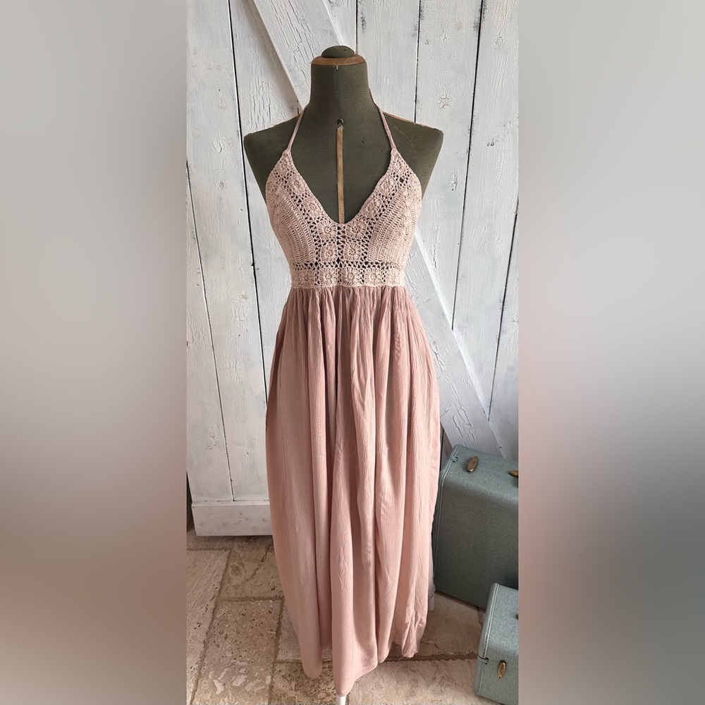 Beautiful dusty Rose hand crocheted Boho style full backless dress.